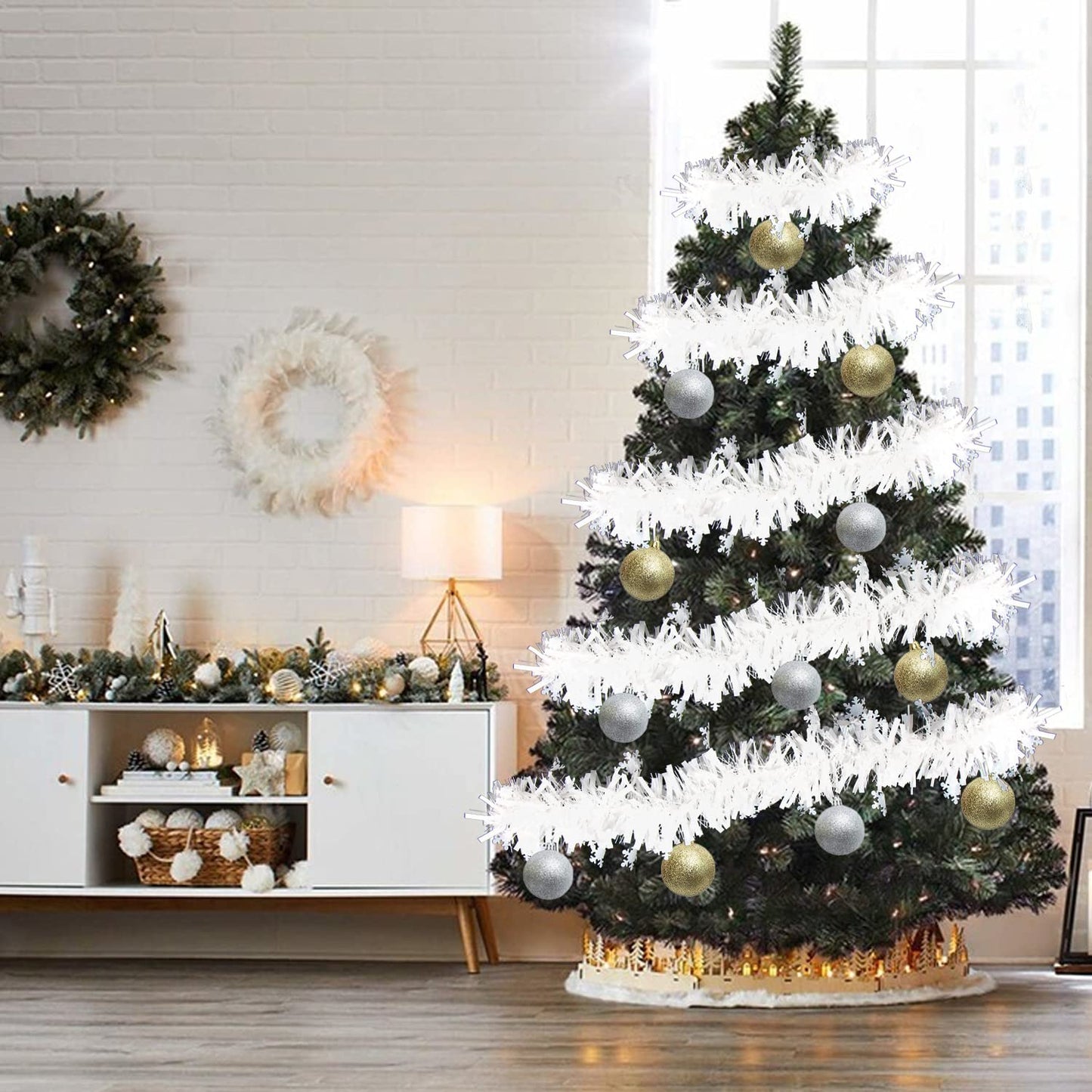 KIMOBER 32.8 Ft Christmas Tinsel Garland,White Metallic Garland with Snowflake for Christmas Tree Xmas Party Decorations