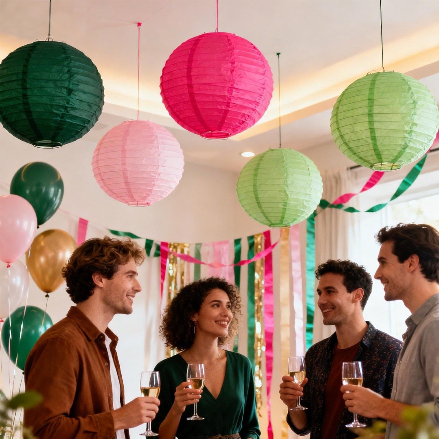 Green and Pink Paper Lanterns 12Pcs Hanging Lantern for Birthday Party, Wedding, Home Decor, Baby Shower Festive Decoration