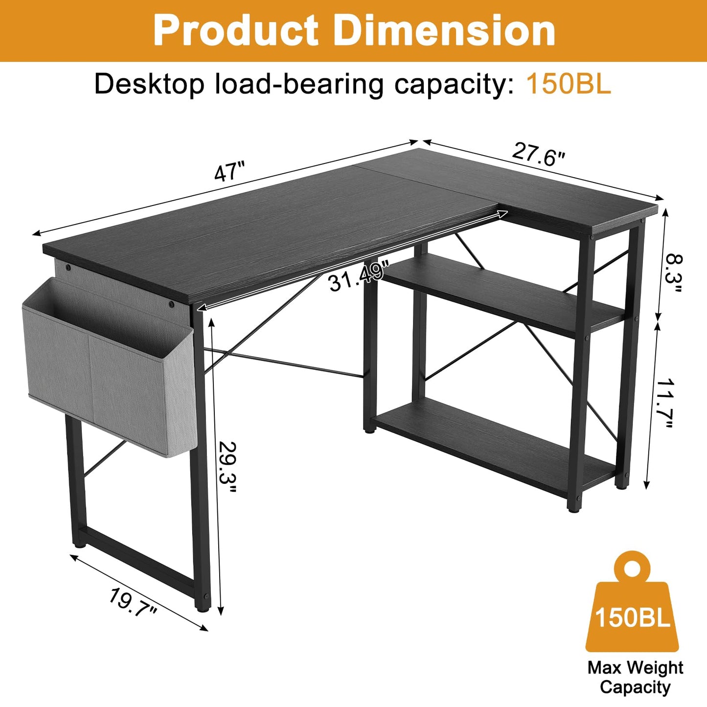 Grandder L Shaped Computer Desk with Reversible Shelves, 47 Inch Small Corner Desk with Storage Bag, Gaming Desk Computer Table Study Writing Table for Home Office Bedroom Small Space, Black