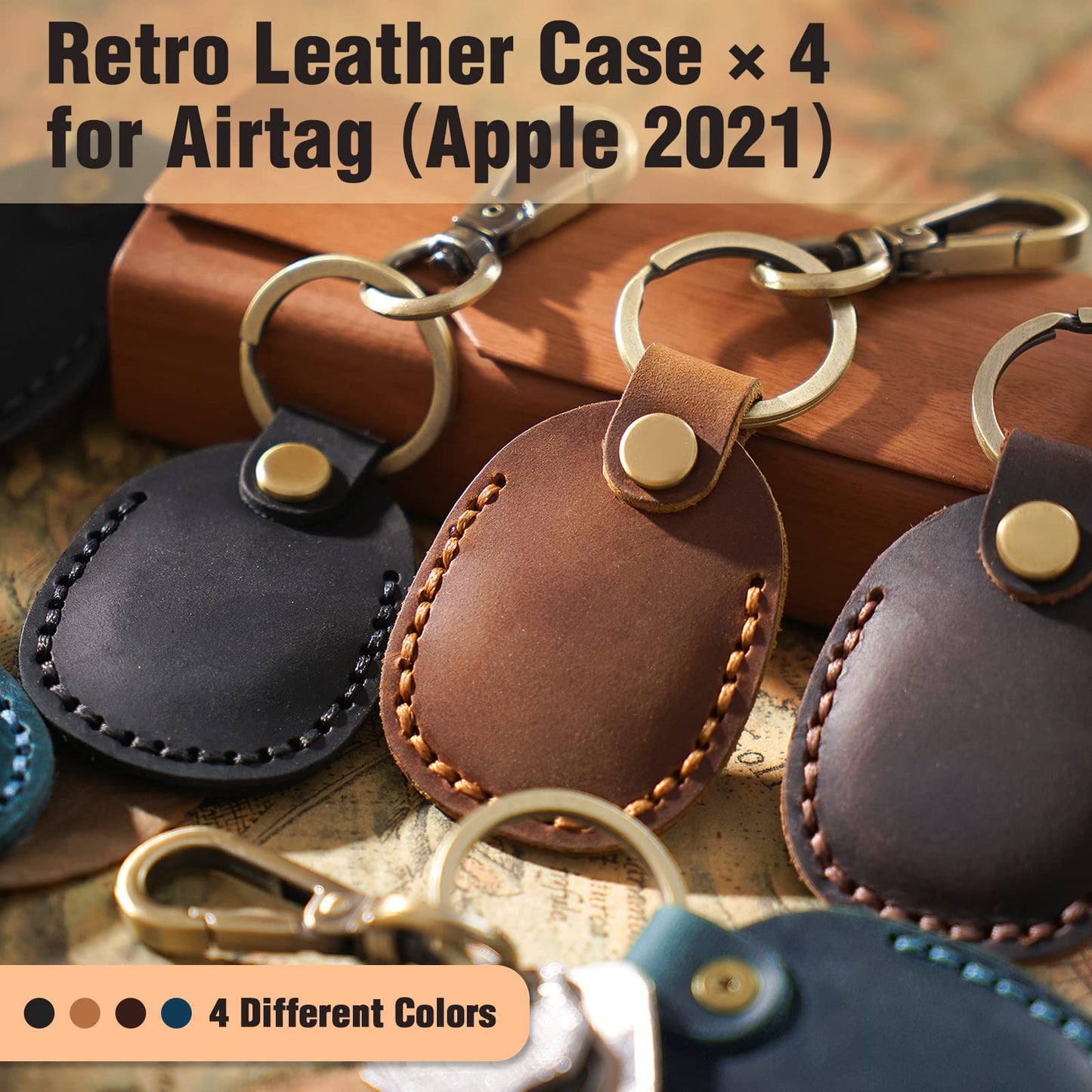 Q1T5 4 Pack Genuine Leather Airtag Holder - Hidden Holder Compatible with Apple AirTag 2nd & 1st Gen, Handmade Genuine Leather with Metal Rings - Full Coverage Case Gift Set
