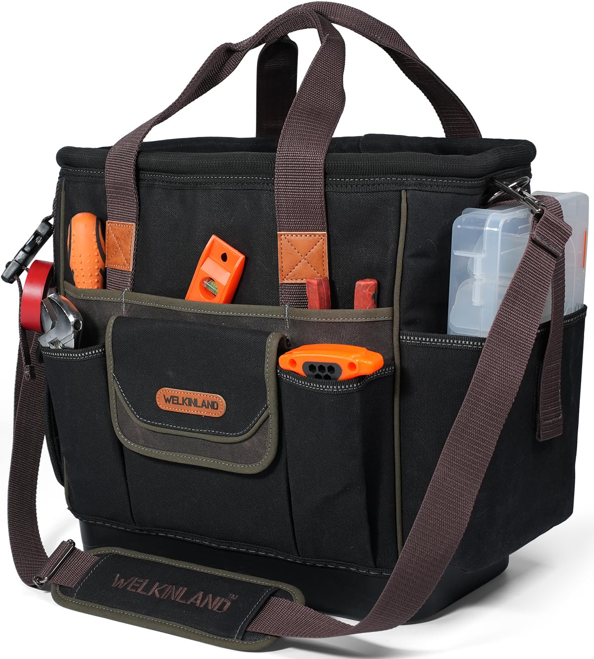 WELKINLAND 50-Pocket Electrician Tool Tote, Large Hard Bottom Tool Bag, Waxed-Canvas Tool Tote For Electrician, Heavy-Duty HVAC Service Bag, Easy-Access Open Top Tool Bag, Stay-Up Technician Tools Bag