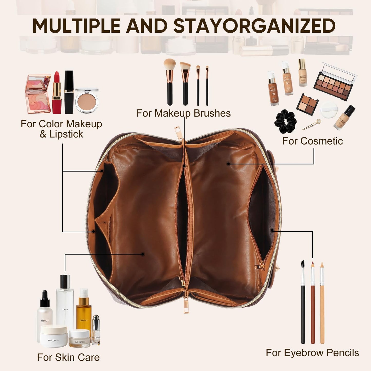 BAYANKALA Leather Travel Makeup Bag, Large Capacity Cosmetic Bag for Women, Waterproof Portable Pouch with Divider, Toiletry Organizer with Handle, 10.5x5x5 Inches, Deep Brown