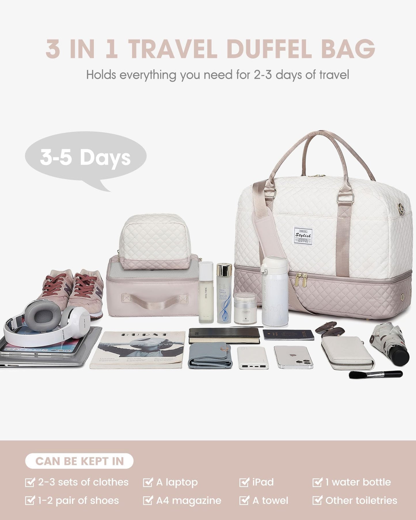 Weekender Bags for Women Travel Bag- Duffle Bag for Women with Shoe Compartment Carry On Overnight Bag with Toiletry Bag & Wet Pocket
