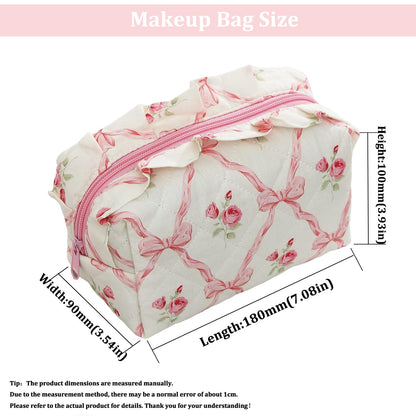 Cute Makeup Bag Travel Cosmetic Bag for Women,Small Floral Organizer Toiletry Bag Make Up Bags,Coquette Aesthetic Bowknot Toiletry Bag,Soft Cotton Cloth Travel Toiletry Bag (04 Pink Bow Flower)