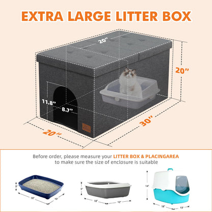 Zerbuger Cat Litter Box Enclosure Furniture for Odor Control, Hidden Cabinet Cats Litter Ottoman with Flip-Up Lid,Cat Litter Box Bench with Storage Space, Dog Proof(Grey, Large)