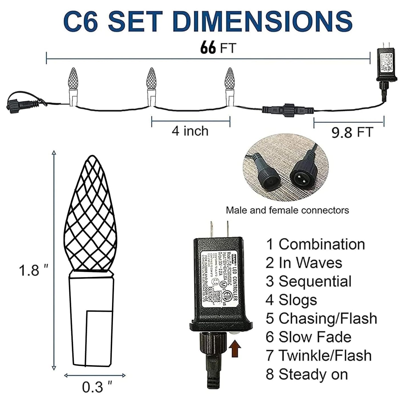 TW SHINE C6 Christmas String Lights, 200 LED 66 FT, 8 Modes, Waterproof, Connectable, White