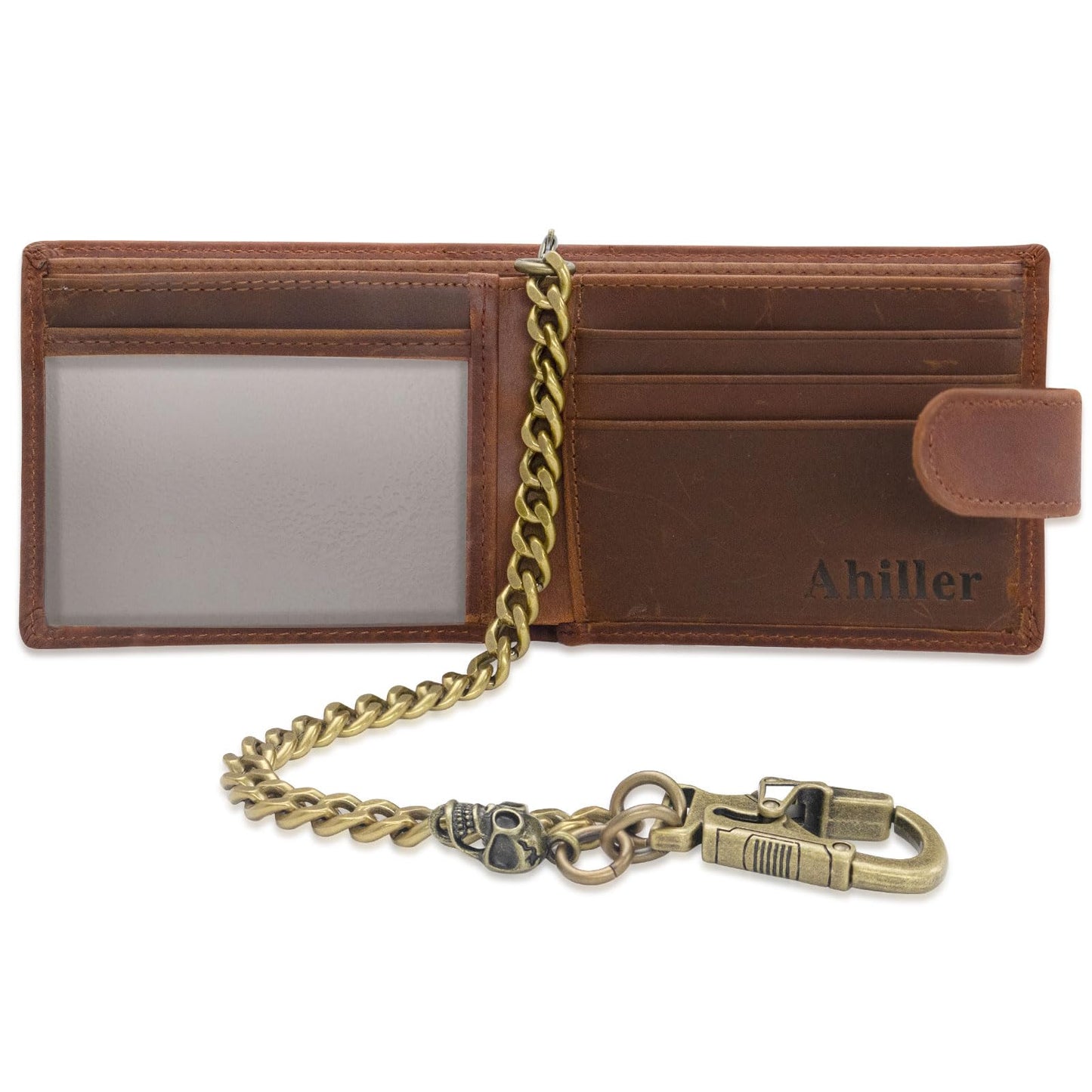 Ahiller Chain Wallet for Men Crazy Horse Bifold Leather Wallet with Chain, Anti-Theft Mens Wallets with Gift Box,Zippered Bill Compartment,ID Window, Card Slots-Coffee