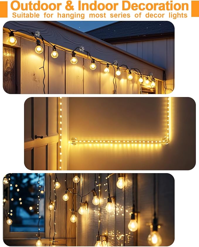 Light Clips for Outside String Lights: 48 Pack Adhesive Hooks for Outdoor String Lights - Outdoor Light Clips for Hanging Patio Balcony Fence - Rope Led Light Strip Decor Hooks