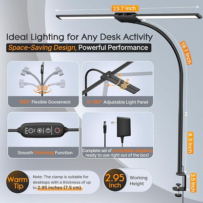 Syrinx LED Desk Lamp for Home Office – Eye-Caring Dual Head Desk Light with Flexible Gooseneck, Clamp, Gesture/Wired Control, 50 Lighting Modes with Memory/Timer for Study, Crafting