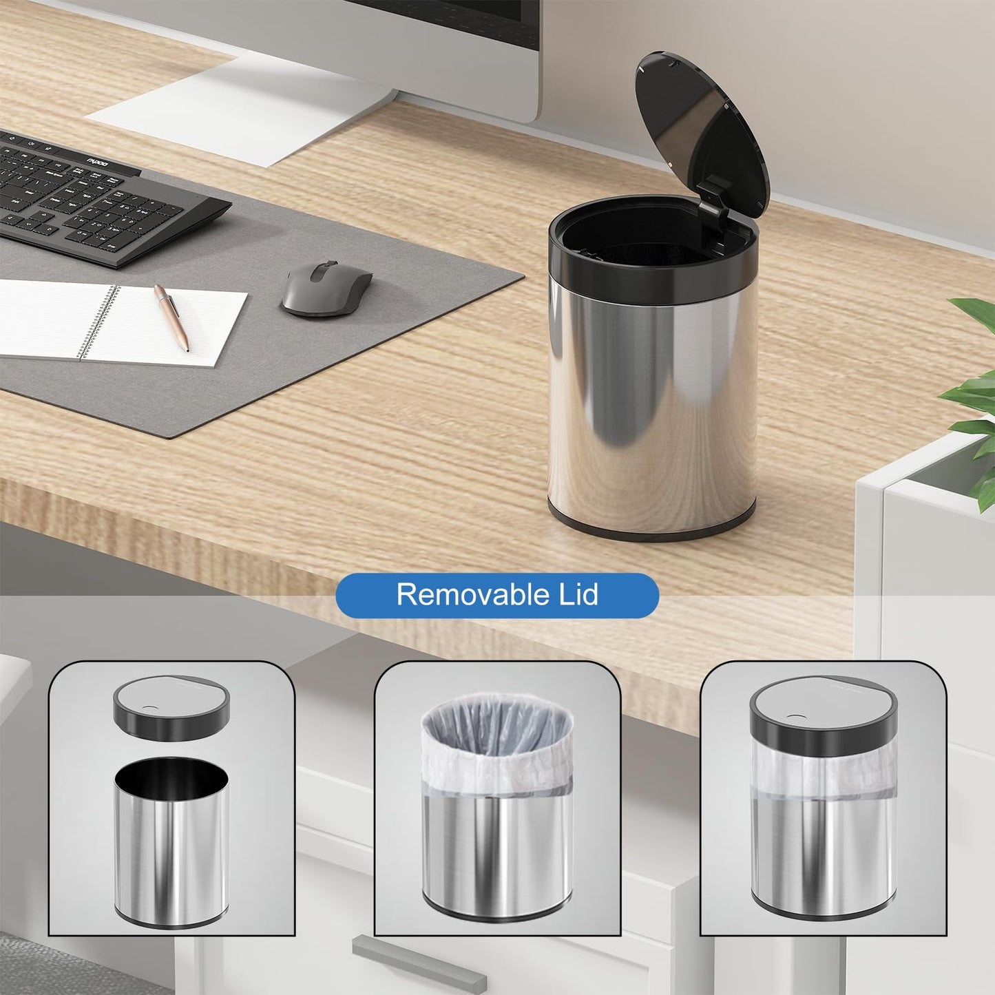 SolaceCove Mini Trash Can for Desk 0.4 Gallon,1.5L Stainless Steel mini Desk Trash can with Lid,Tiny Trash Can for Desk with 1 Roll Bags for Office, Home, Car,(Brushed Gray)