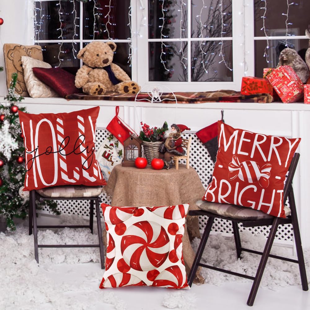 Heirloom Haven 4pcs Christmas Pillow Covers Decoration,18x18in Red Candy Pillow Case Merry Bright Holly Throw Pillow Covers Cushion Cases for Winter Holiday Seasonal Farmhouse Couch Sofa Home Decor