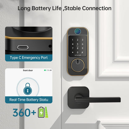 Keyless Door Lock with Handle Set - SMONET WiFi Fingerprint Smart Locks for Front Door, App Remote Control, Digital Bluetooth Keypad Deadbolt Set with Alexa, Auto Lock, Code, Fobs for Home Black