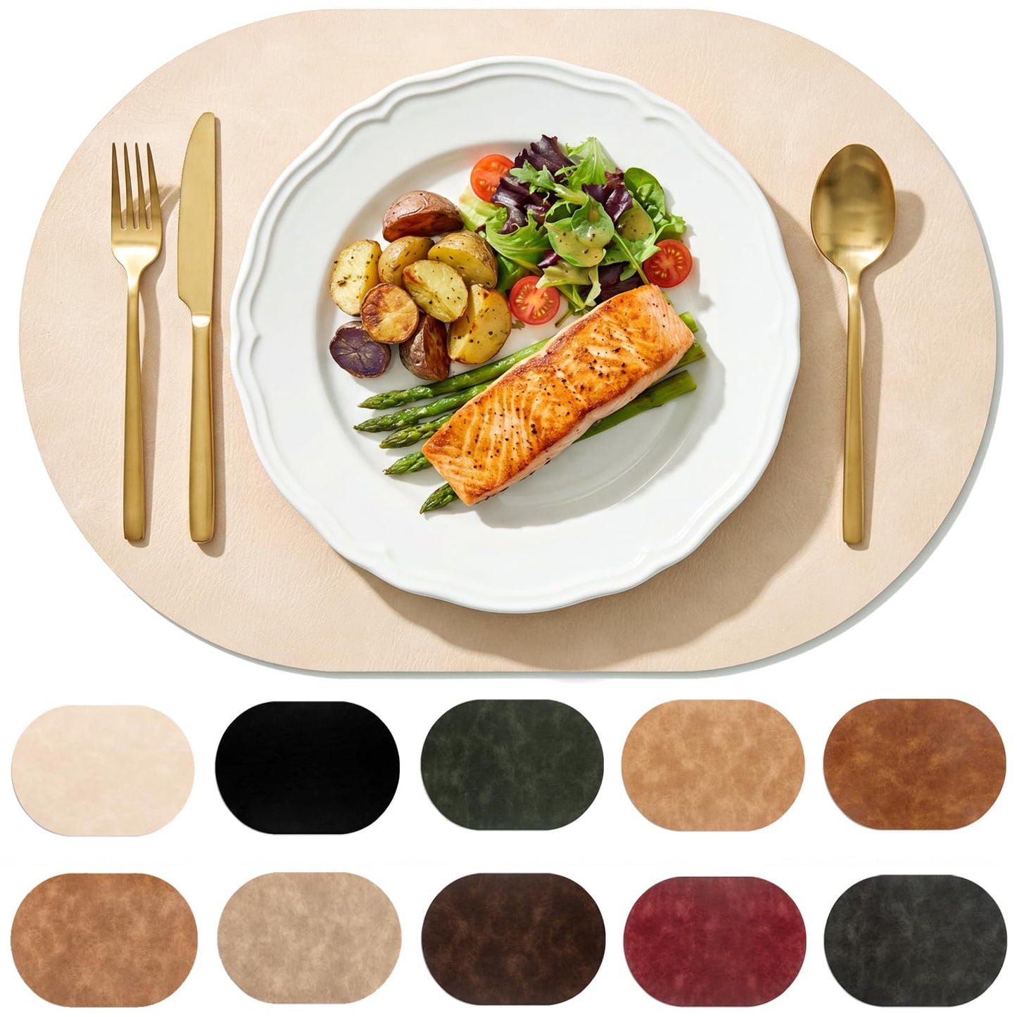 BIPASION Oval Placemats 2mm Ultra Thick Faux Leather Table Mats, Heat Resistant Waterproof Wipeable Dining Mats for Kitchen Table, Set of 12, Beige