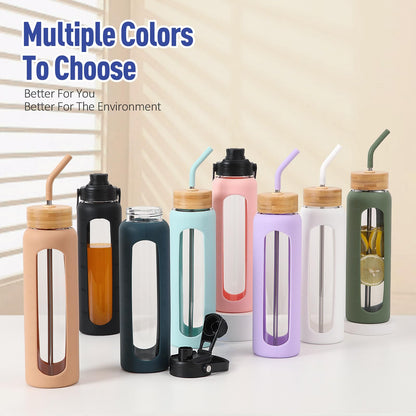 Kodrine 32oz Glass Water Bottle with Straw, Glass Drinking Bottle with 2 lids-Bamboo and Spout Lid, Leakproof Daily Water Intake Bottle with Time Marker for Home,Outdoor Sports, BPA free, White
