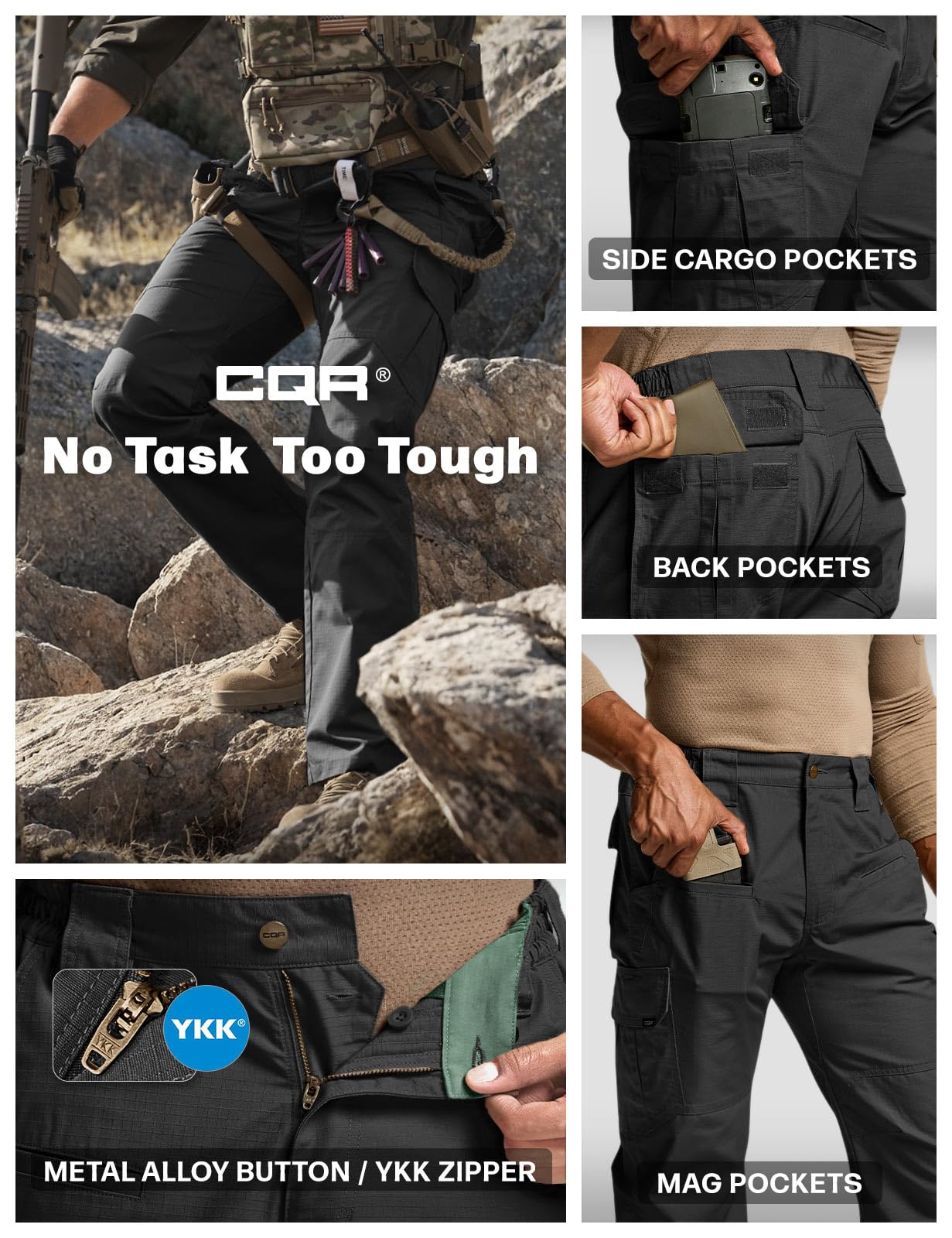 CQR Men's Tactical Pants, Water Resistant Ripstop Cargo Pants, Lightweight EDC Work Hiking Pants, Outdoor Apparel, Raider Black, 46W x 30L