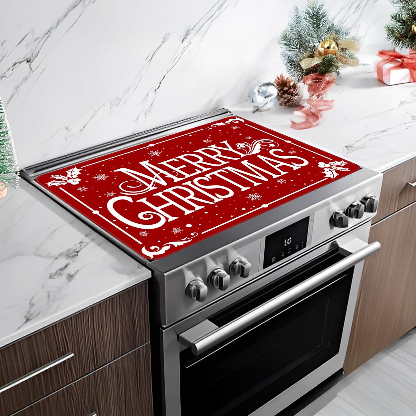 Christmas Stove Top Cover for Electric Stove, Merry Christmas Range Covers, Snowflake Range Top Mats, Glass Cooktop Covers 28x20 inch, Red Cooktop Cover for Kitchen Winter Holiday Home Decor