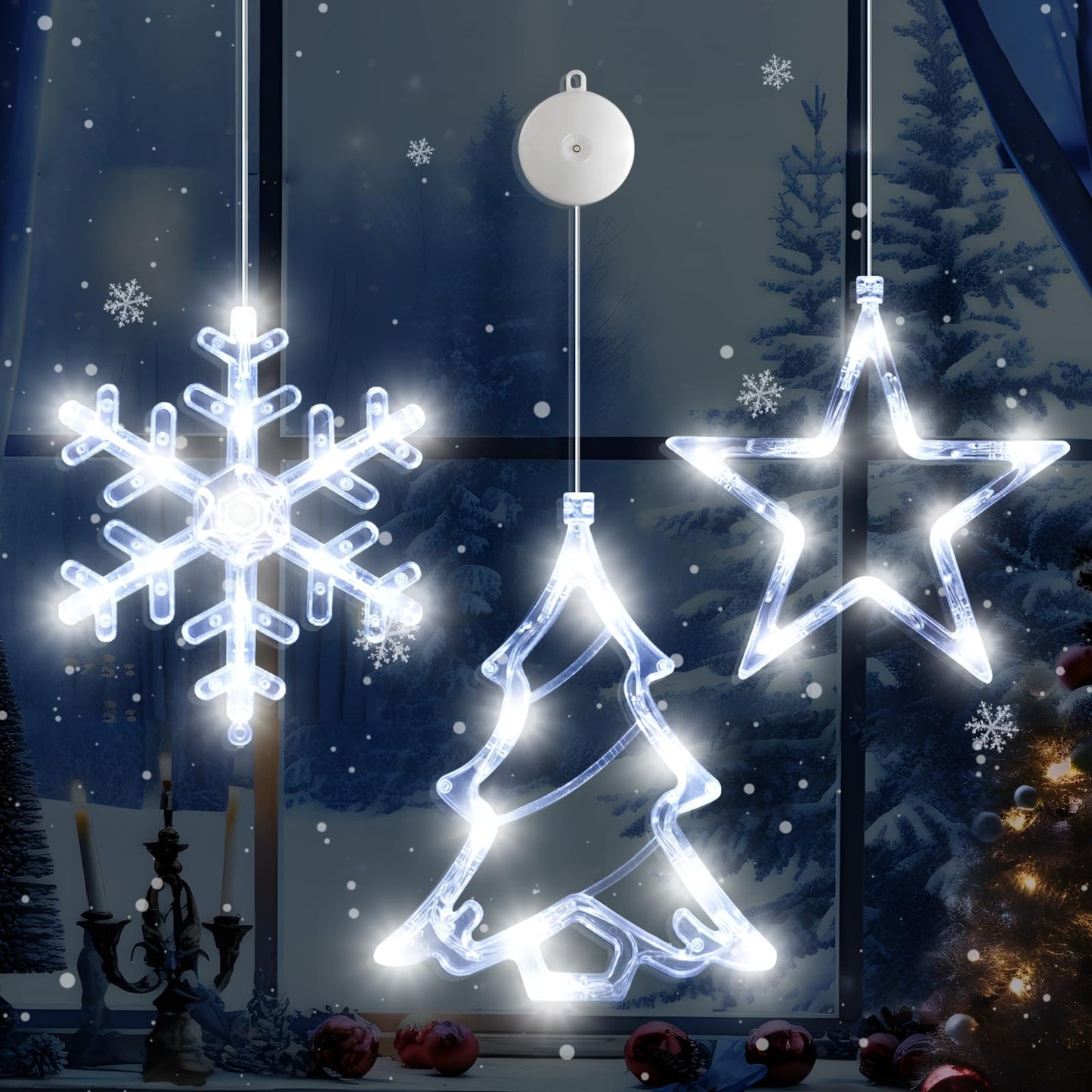 LYUBASA 3Pack Christmas Window Lights Decorations with Timer, Battery Powered Hanging White Lighted Snowflake Tree Star Shaped LED Sucker for Xmas Tree Fireplace Indoor Decor