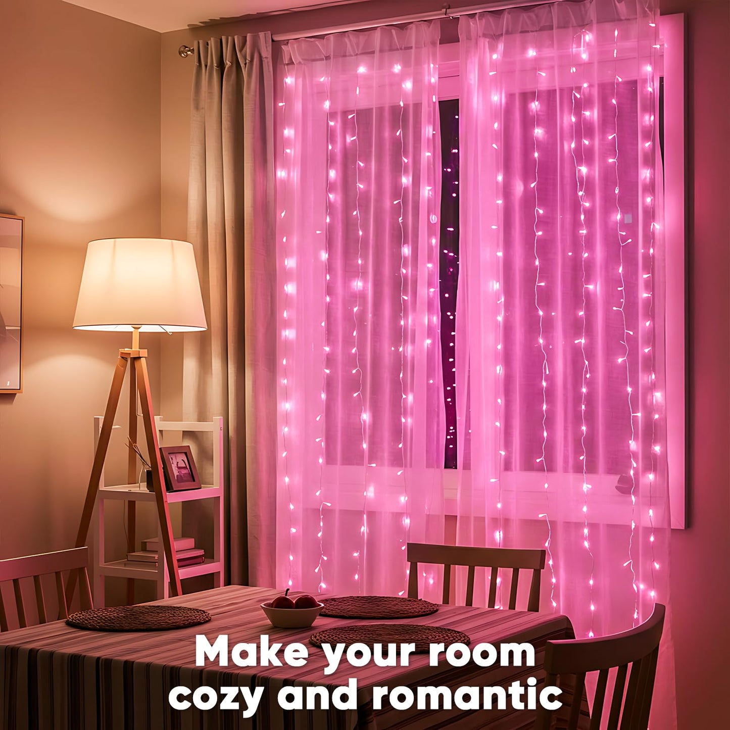 suddus Curtain Lights for Bedroom, 300 Led 9.8ft x 9.8ft Hanging String Lights Outdoor, Fairy Curtain Lights for Backdrop, Window, Wall, Wedding, Party,Birthday Decoration,Pink