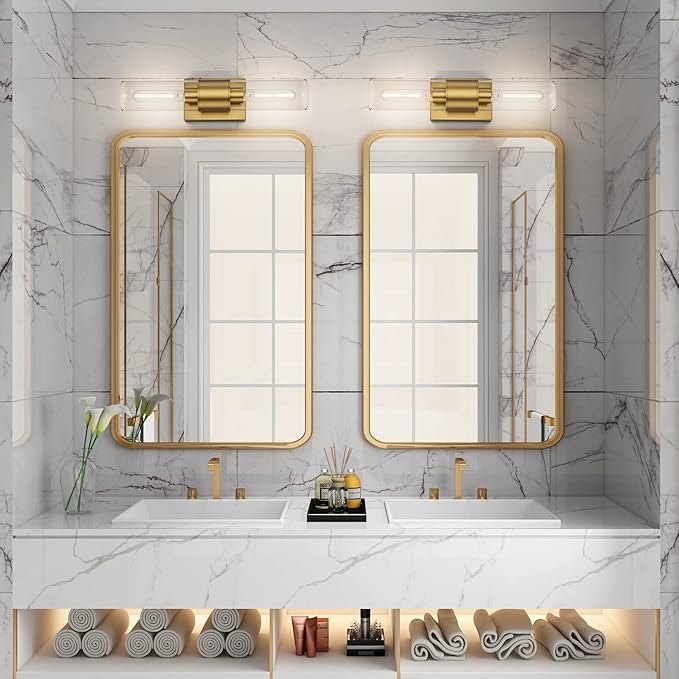 Tipace Bathroom Vanity Light Fixtures,Indoor Gold Wall Lights with Clear Glass,Modern Wall Sconces Up and Down Wall Mount Lamp for Bathroom,Bedroom,Hallway,Kitchen(Bulb not Include)