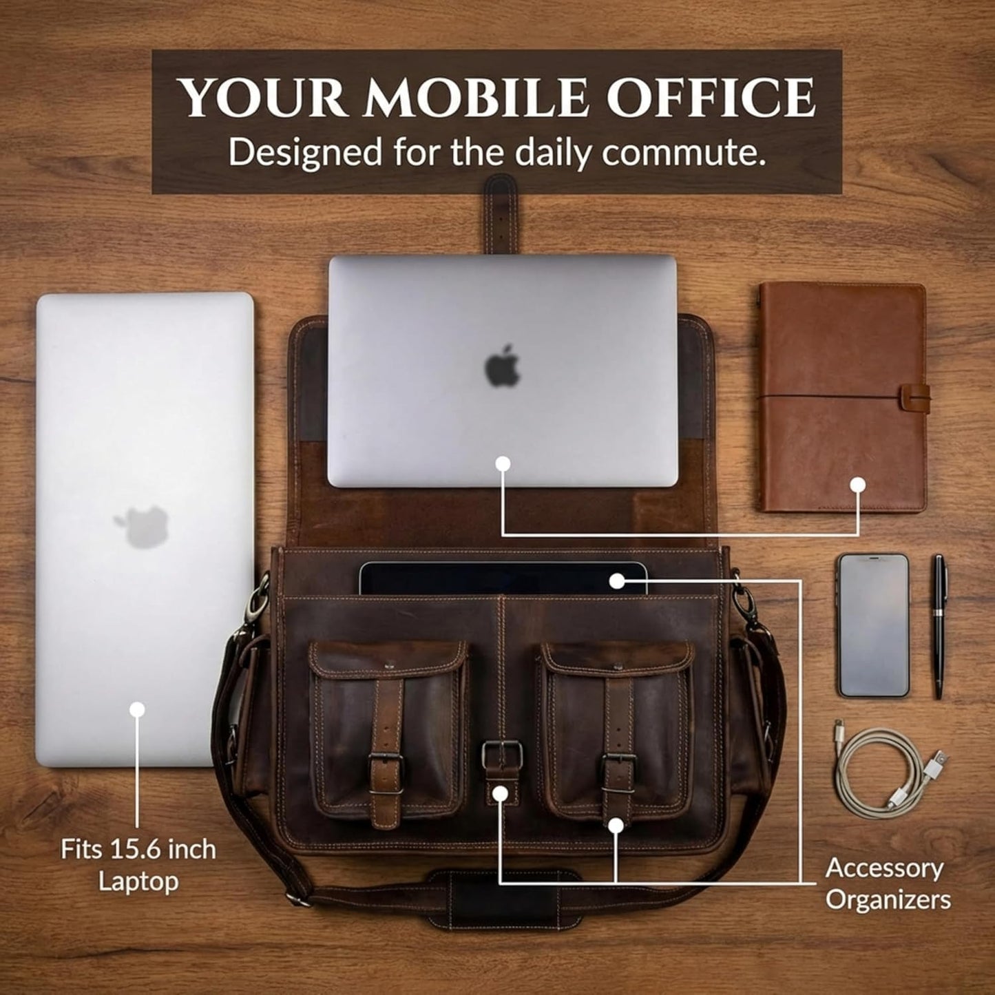 Leather Briefcase Work Bag for Men Women Dark Brown Crossbody Genuine Leather Satchel Office Bag for Men Women 18 Inch Computer Travel Messenger Laptop Shoulder Bag Cureo
