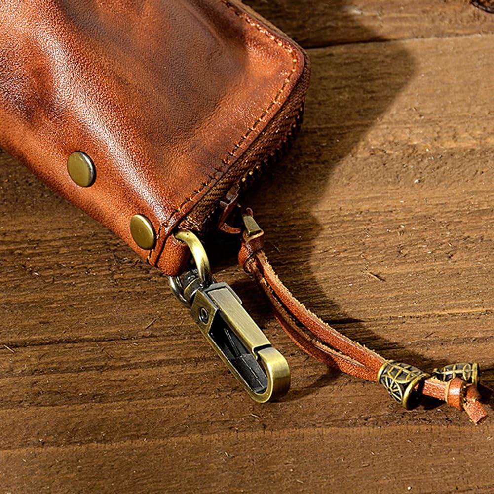 Yzikema 1 Pcs Leather Mini Medieval Pouch Keychain, Coin Organizer, Change Holder,Card Case, Genuine Leather Zipper Storage Bag for Men & Women
