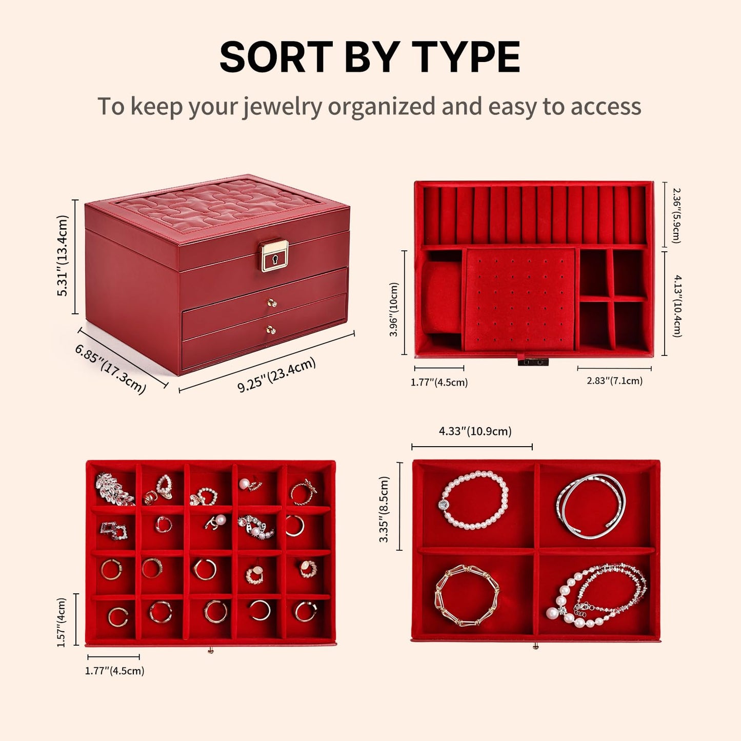 Greenfeather Jewelry Boxes for Women, Jewelry Organizer Box with Lid 3 Layers for Necklaces Rings Earrings and Bracelets Box to Store Jewelry Red Ideal Gifts