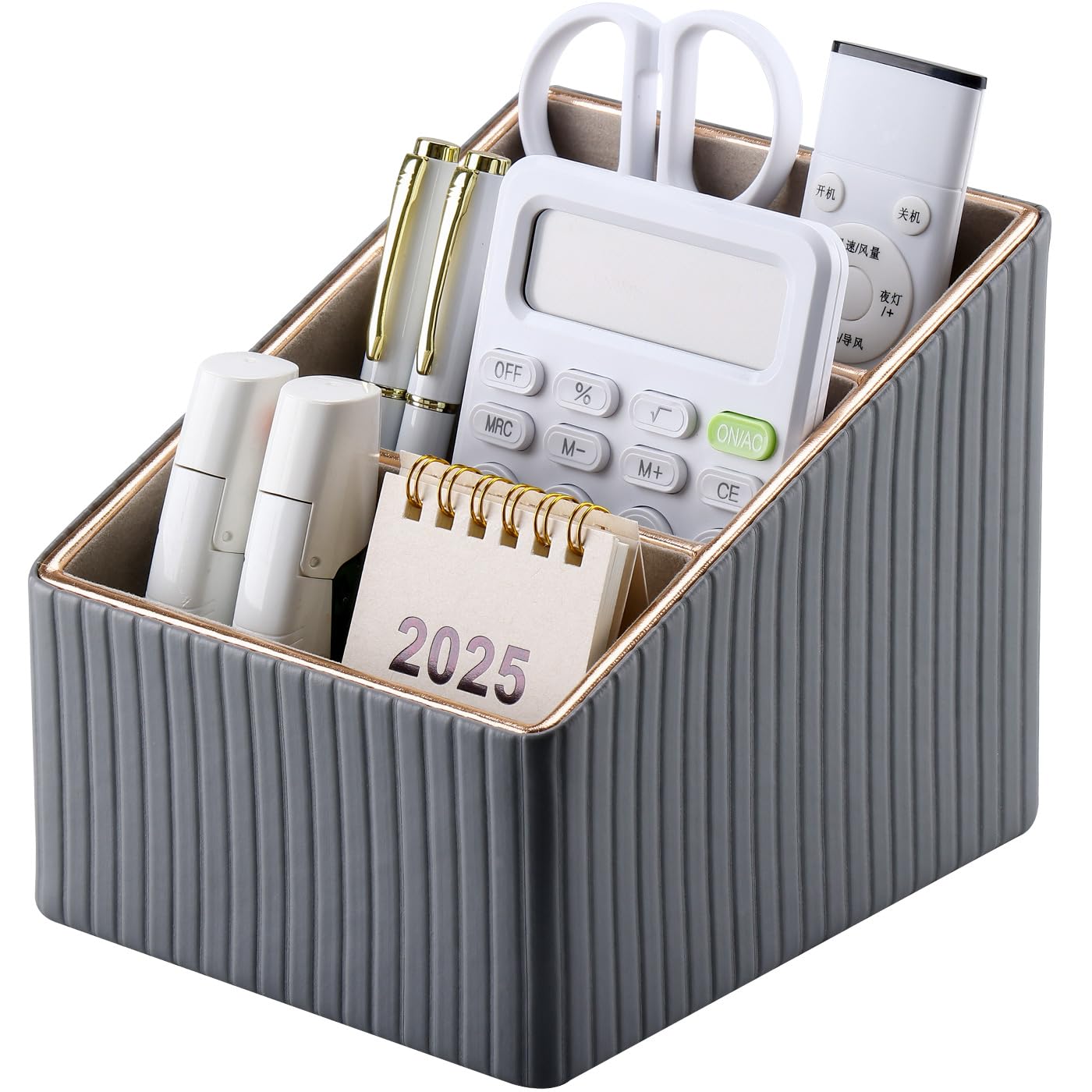 KINGFOM 3 Slot PU Leather Remote Controller Holder, Home Sundries Storage Box, TV Guide/Mail/CD Organizer/Caddy/Holder with Free Cable Desk Organizer (Grey)