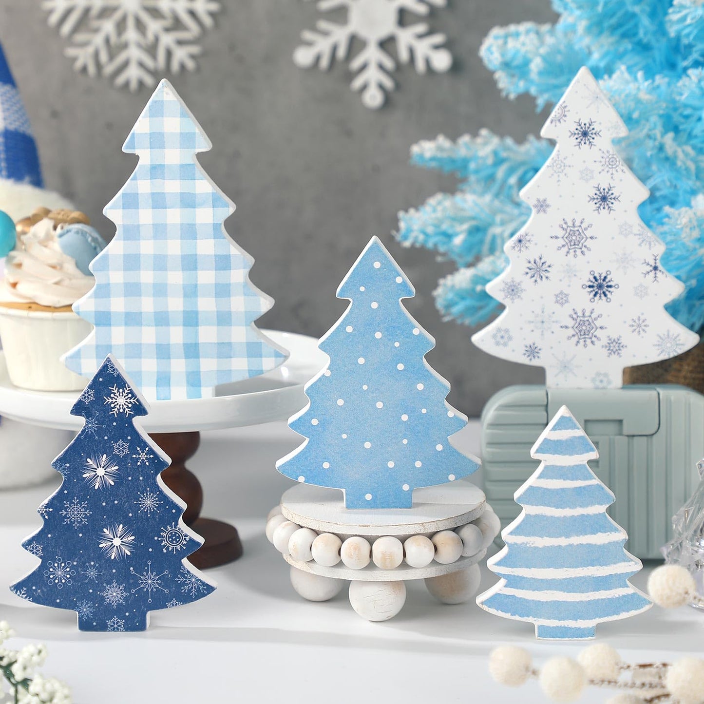Huwena 5 Pcs Christmas Table Decoration Wooden Xmas Tree Tiered Tray Decor Centerpiece Gift Box Indoor Christmas Tree for Shelf Mantel Fireplace Home Party(Blue Buffalo Plaid)
