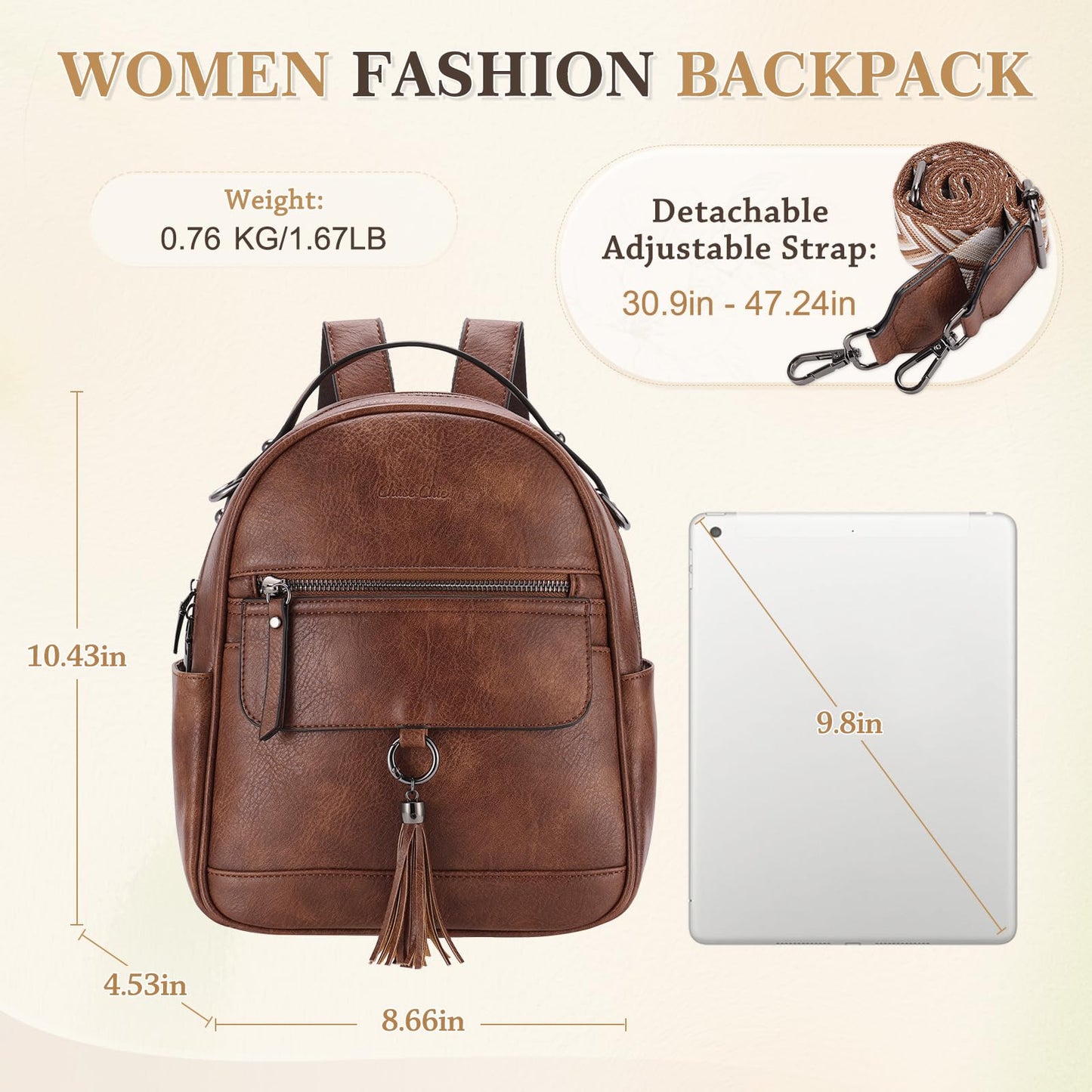 Chase Chic Mini Backpack Purse for Women, Vegan Leather Cute Small Backpack Ladies Fashion Shoulder Handbag for Travel Brown