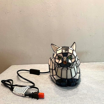 Bieye L10872 Lovely Cat Tiffany Style Stained Glass Accent Table Lamp Night Light for Home Decoration (One Cat, Blue)