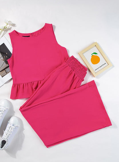 Dokotoo Pants Sets Women 2 Piece Outfits Sleeveless Round Neck Tank Tops Matching Sets for Women Elastic Waist Wide Leg