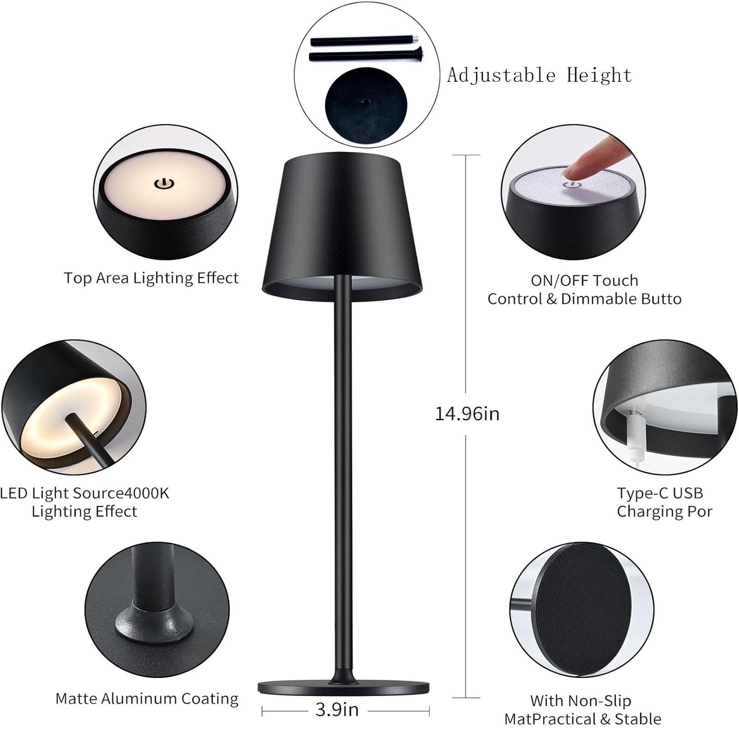2 Packs Cordless Table Lamp, Portable LED Wireless Desk Lamp with 3 Modes Light Dimming, Adjustable Height Table Lamp, Rechargeable Waterproof Touch Lamp for Christmas Birthday Gift (2 packs-Black)