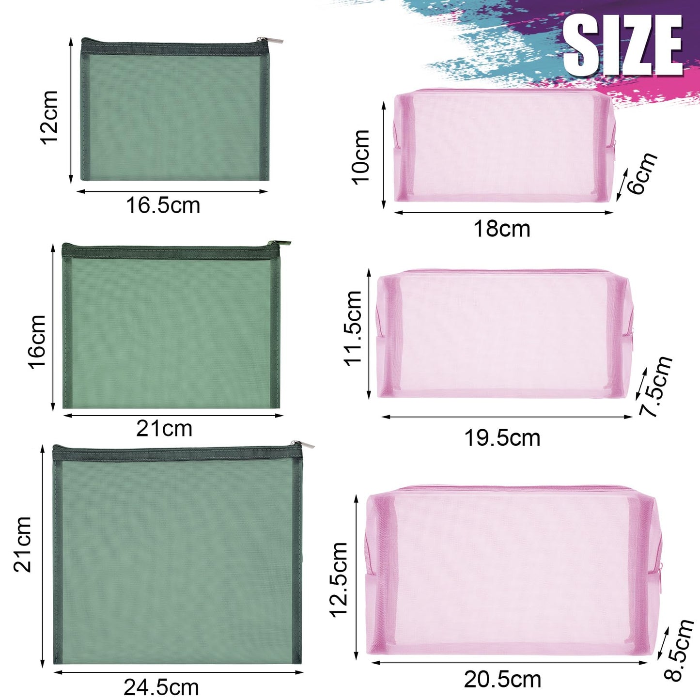 Boao 6 Pieces Mesh Makeup Bags Mesh Cosmetic Bag Portable Travel Organizing Zipper Pouch Toiletries Makeup Pouches for Home Office Travel Accessories (Green and Pink)