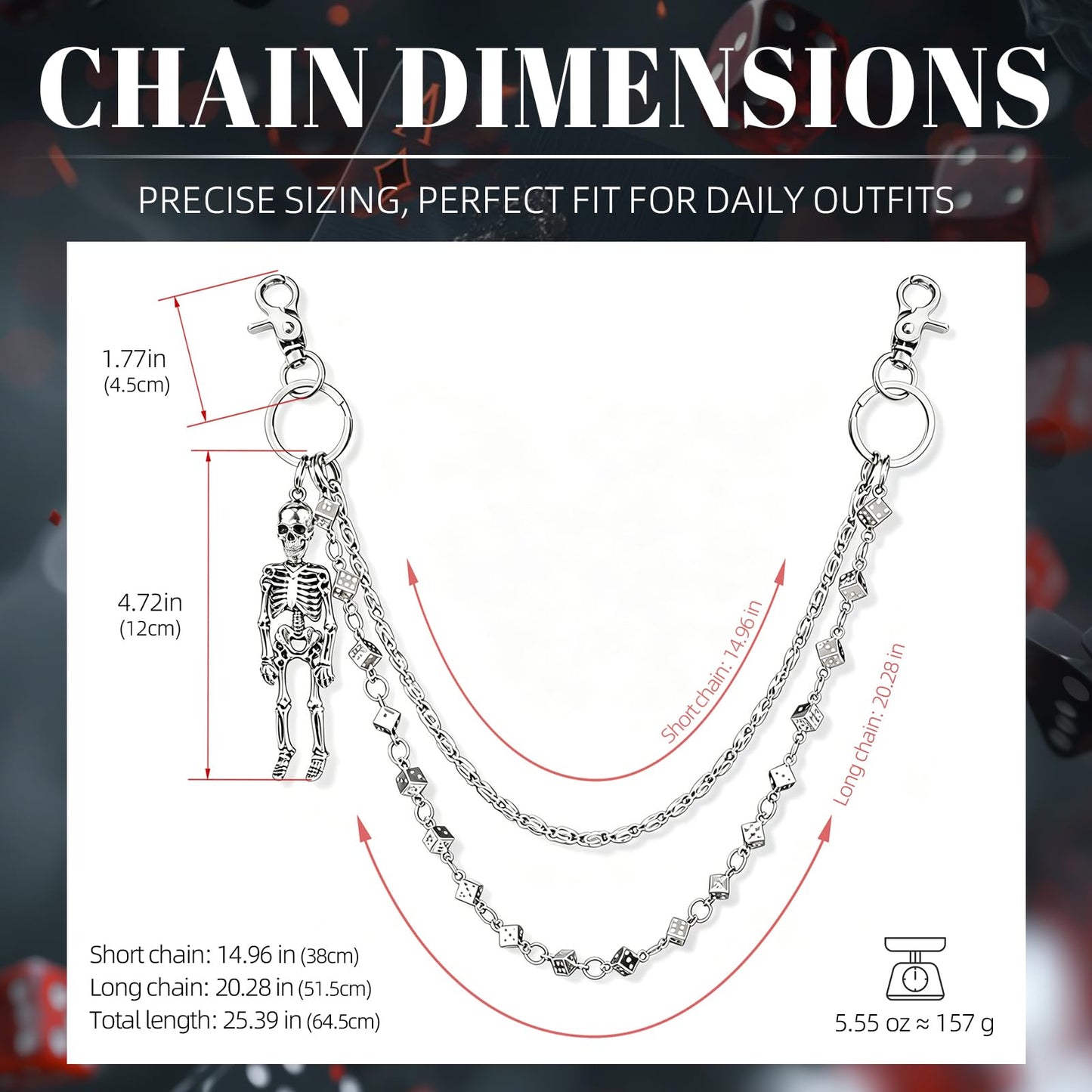 Skull Wallet Chain with 3D Dice Links for Men Women - 2 Layer Punk Pants Chain with Gothic Metal Ornament, Heavy Duty Biker Jean Chain Grunge Belt Loop Accessories for Eboy Egirl Streetwear(Silver)