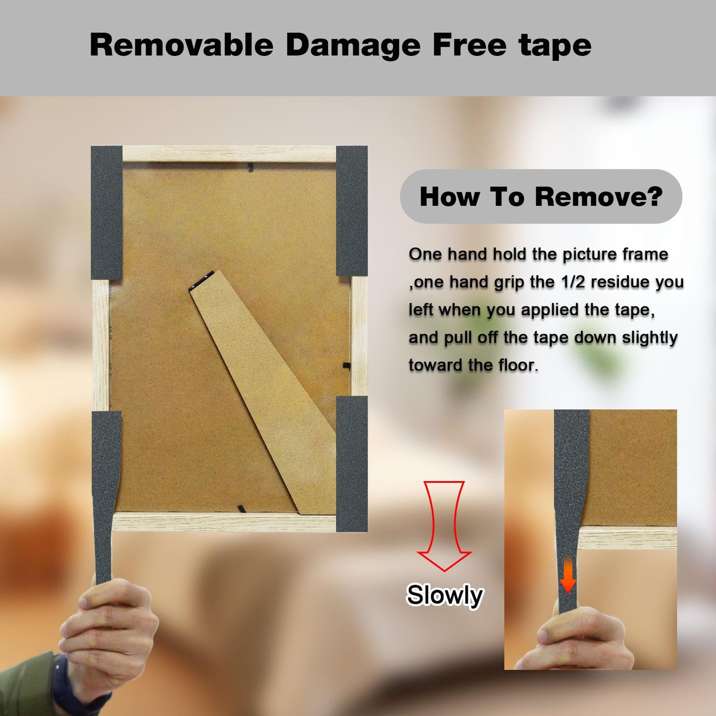 Hasaky Damage Free Removable Wall Tape 18ft, Rug Gripper Heavy Duty Double Sided Tape Black, Picture Hanging Strips Replacement, Mounting Tape Adhesive Strips