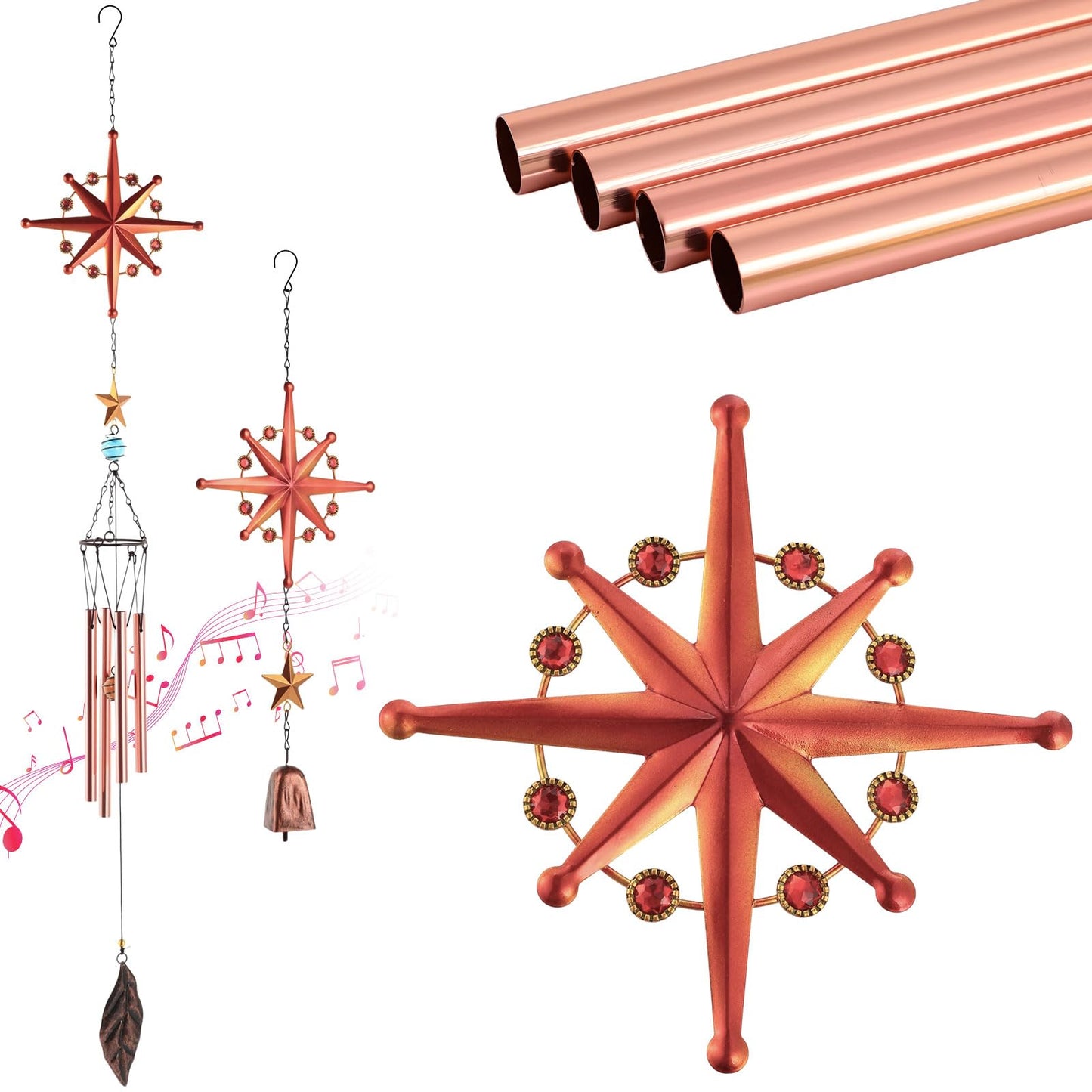 Novabright 2 Pack Star Wind Chimes Set for Outside, 40.9 Inch Large Chime with Mini Wind Chime Ornament, Rustic Metal Hanging Patio Decor for Garden Porch Yard, Decorative Gift