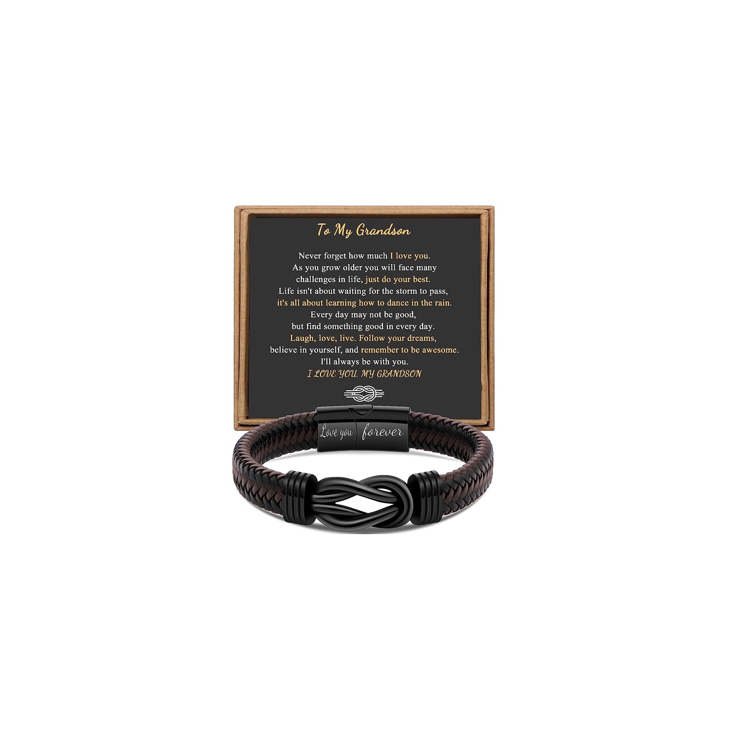 Gift for Men Infinity Bracelet for Men Dad Husband Boyfriend Son Grandson Brother Nephew Uncle Brown Braided Leather Forever Linked Together Stainless Steel Engraved with Love You Forever Jewelry