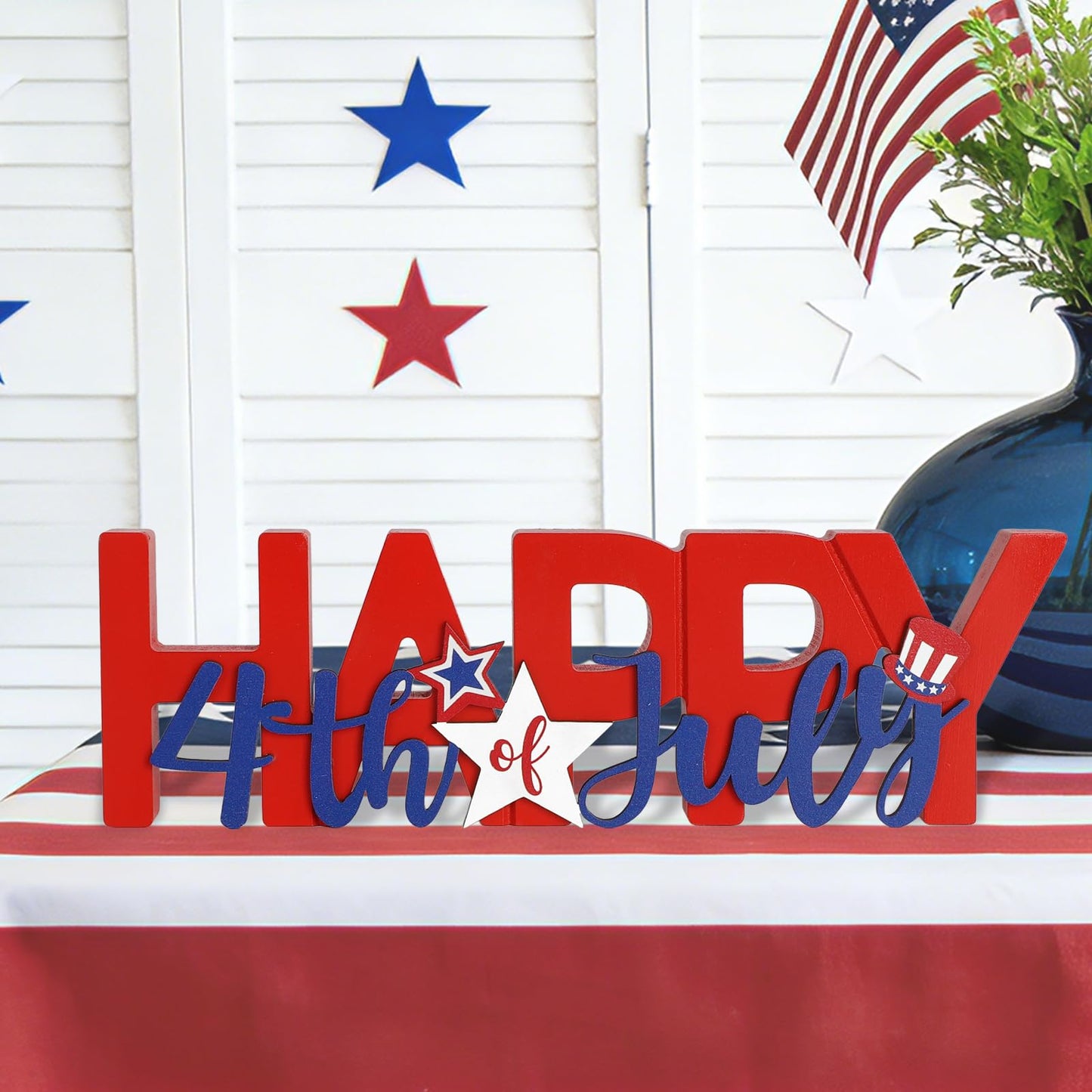 COCHIE Wooden Happy 4th of July Sign, Fourth of July Decorations for Home, Office, Shelf, Mantel, Indoor, Wood Patriotic Decor, Red Blue and White Table Top Centerpiece Party Decoration (Patriotic)