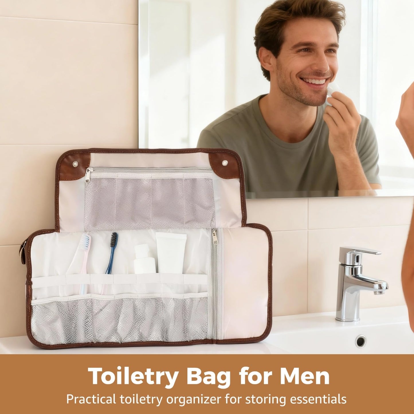 NIMBLOOM Roll Up Toiletry Bag for Men - Waterproof Compact Travel Organizer with 13 Pockets, PU Leather Bathroom Roll for Shaving Kit & Hygiene Essentials, Portable Toiletry Bag