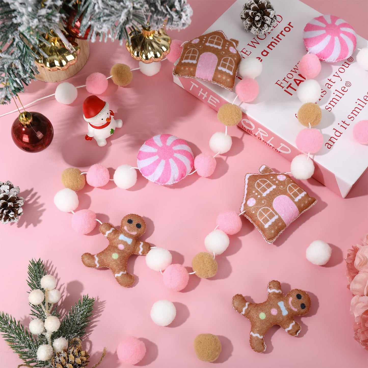 JarThenaAMCS 8.2Ft Christmas Felt Banner Cute Gingerbread Man Candy House Hanging Garland Pink Brown White Pom Ball Banner for Xmas Holiday Home Mantel Wall Decor