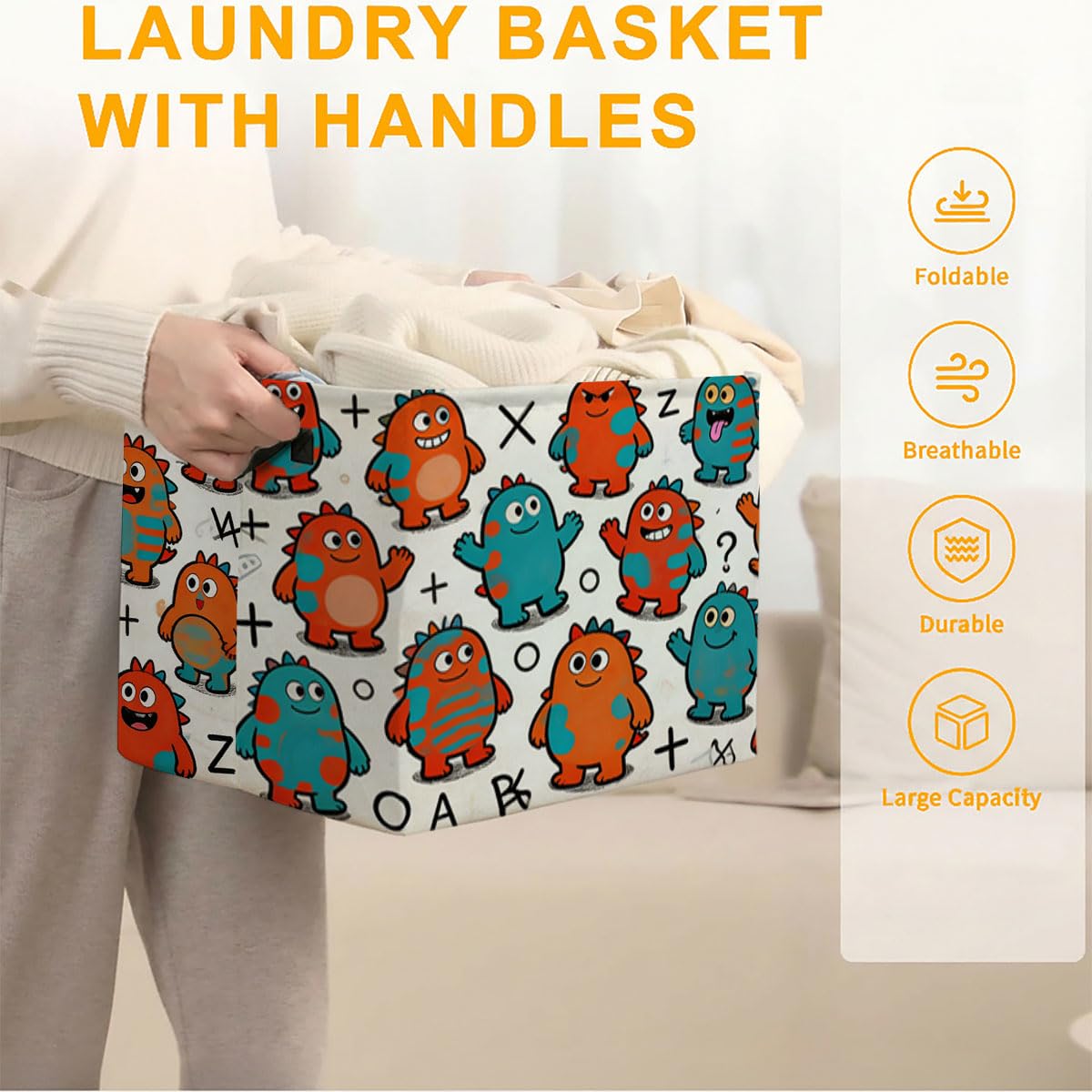 Cartoon Laundry Hamper with Handles,Large 56L Foldable Square Clothes Basket Multi‑Use Blanket Storage Bins for Organizing Books,Toys,Gifts,Room Decoration,Laundry Room,Dorm Nursery