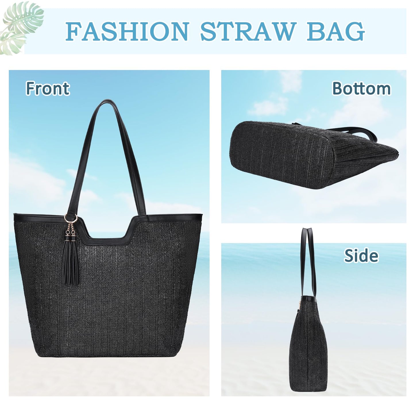 VASCHY Straw Beach Tote Bag for Women, Cute Trendy Woven Crochet Raffia Summer Shoulder Handbags Purses for Travel Vacation Black