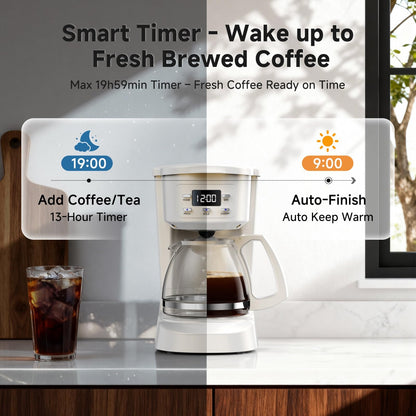 Coffee Maker, 5 Cup Drip Coffee Machine with Glass Carafe, 20 Hours Programmable Timer, 2 Hours Keep Warm, Compatible with Ground&Tea – Portable Small Cafetera for Home, Office, Travel&Camping-White