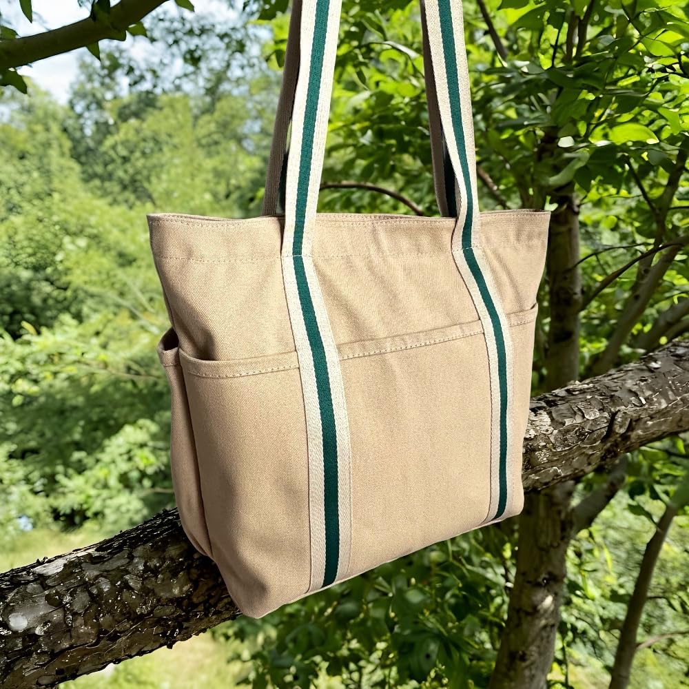 Augbunny 16OZ 100% Cotton Canvas Lined Grocery Shopping Diaper Bag Zipper Closure Beach Casual Multi Purpose Tote