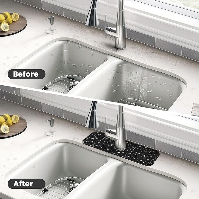 Black And White Moon Star Kitchen Sink Splash Guard Faucet Mat Super Absorbent