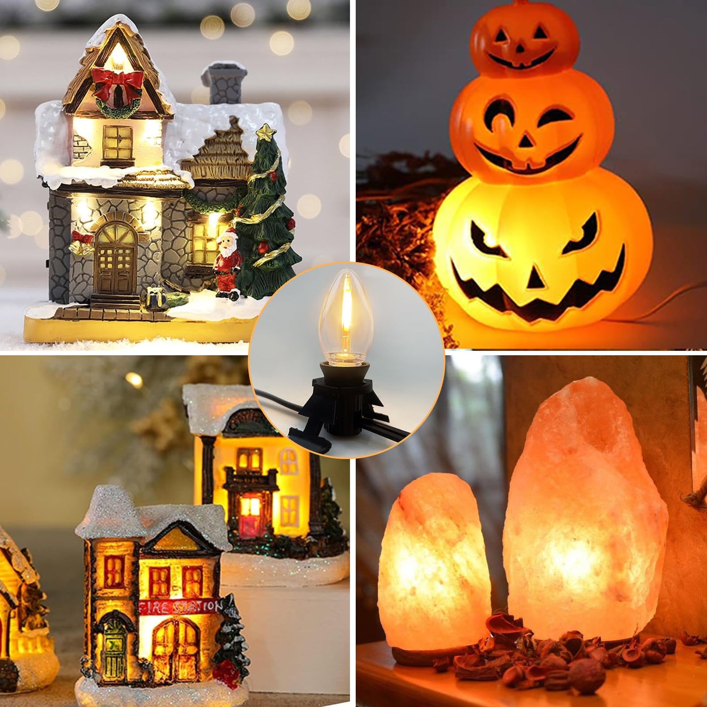 Accessory Cord with 5 LED Light Bulb and Female Plug, 11 Ft Christmas Village Light Cord with Clip, C7 Led Night Lights for Indoor Crafts Halloween Pumpkin Christmas Village House Decor, Black Wire