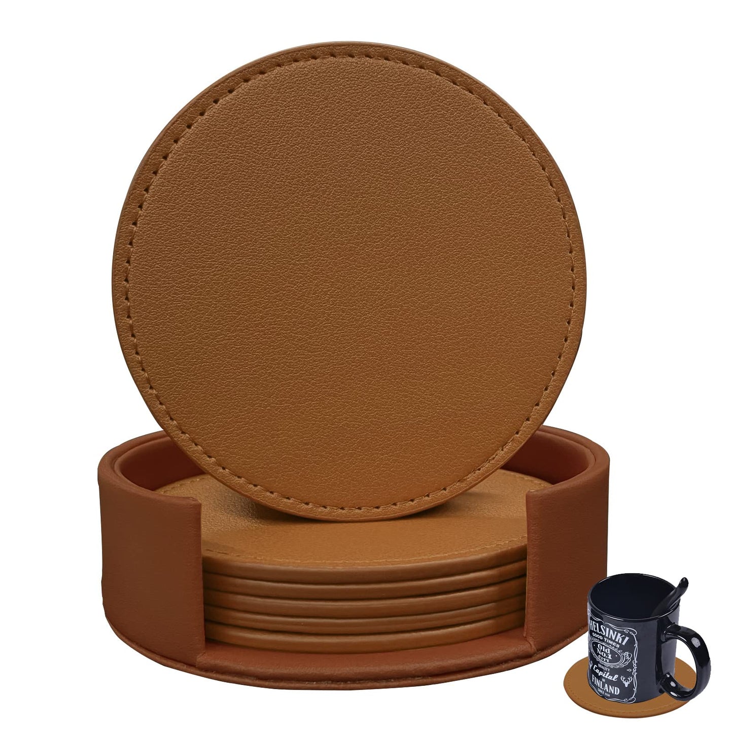 KEMMPER Coasters Set of 6 Soft Leather Drink Coaster Round Coaster with Sewing Around, Suitable for Various Cups, Wooden Tables,Home Decoration,4 Inches(Brown)