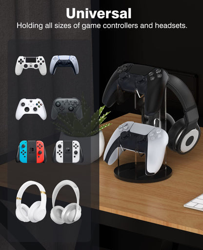 MoKo Universal Stand for Game Controller and Headset Stand, 2 in 1 Game Controller Support Holder Storage Organizer for Switch/Switch 2, ps5, ps4, Xbox One, Xbox Series, Gaming Accessorie, Black&Clear