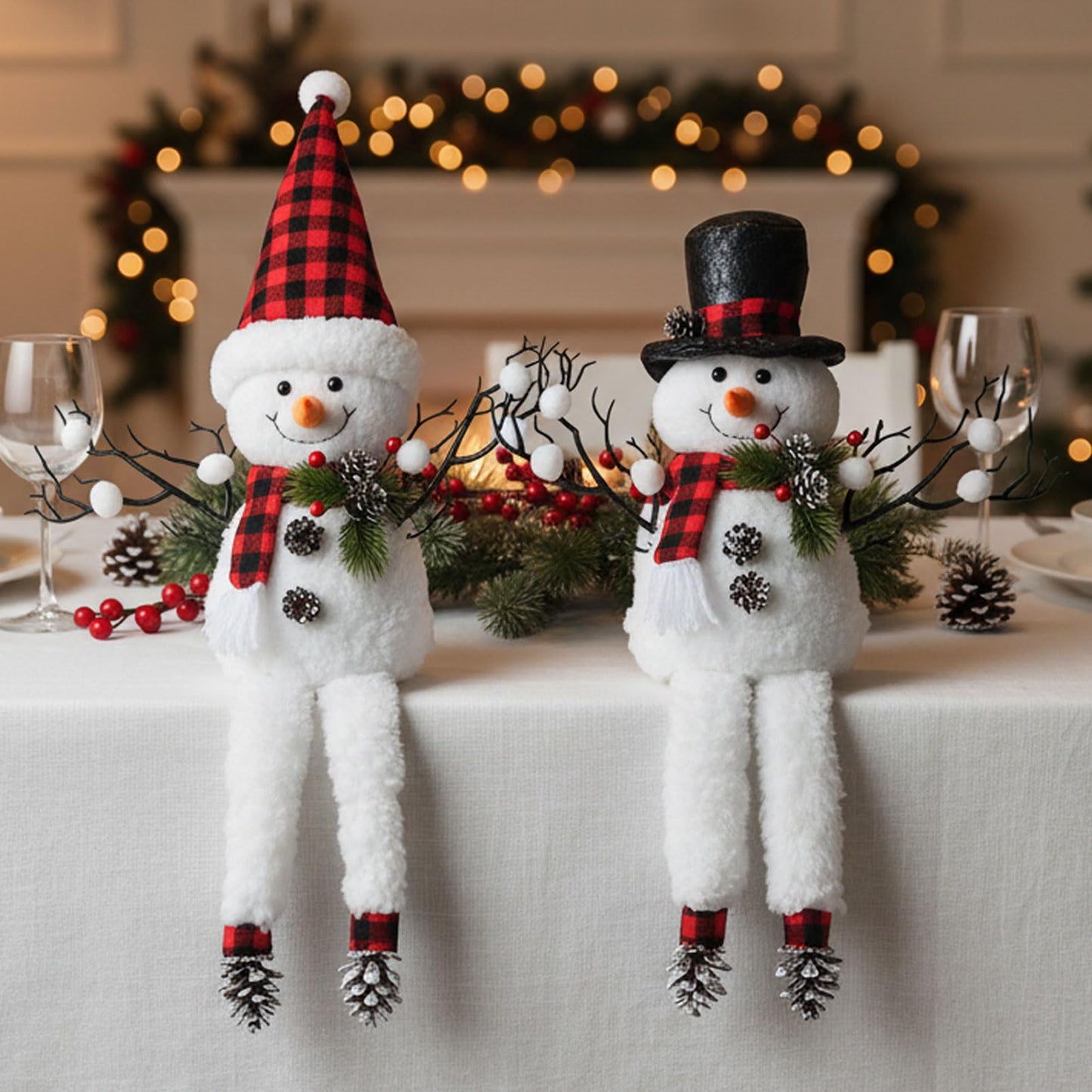 2 Pack Christmas Table Decorations, 18" Lighted Plush Snowmen Christmas Trees with Pine Cone Twigs, Light Up Snowman Holiday Present, Battery Operated Xmas Gifts Tabletop Ornaments (Black and Red)