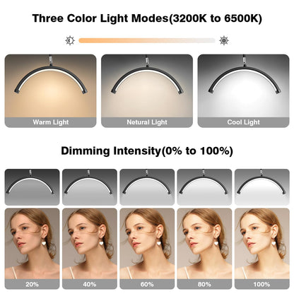 Mznoo Lash Light for Eyelash Tech with Wheels, Half Moon Light for Lash Extensions, Nail Tech, Tattoo Artist and Make up, LED Floor Lamp Adjustable Brightness and Color Modes (Black)